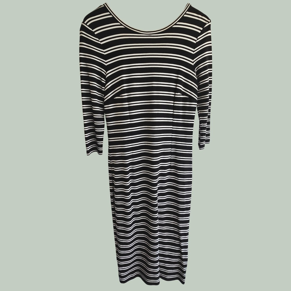 Ann Taylor Striped Sheath Dress Womens Medium Black White 3/4 Sleeve Knit 390843